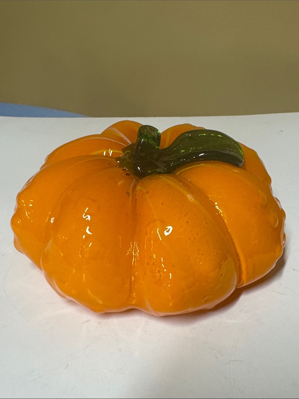 Glass Pumpkin Figurine - Orange with Green Stem 6.5” diameter 3.5” tall